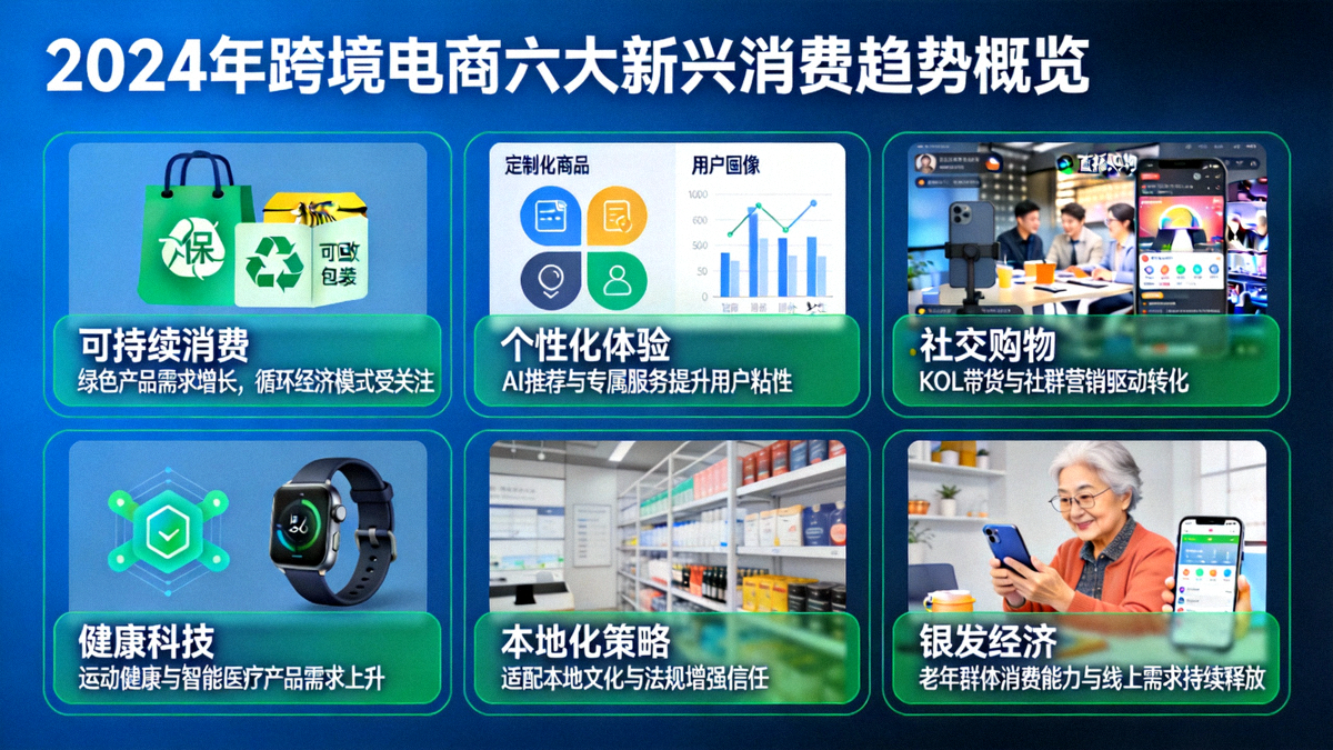 2024年跨境电商六大新兴消费趋势概览信息图：包含可持续消费、个性化体验、社交购物、健康科技、本地化策略、银发经济等关键词的可视化图表
