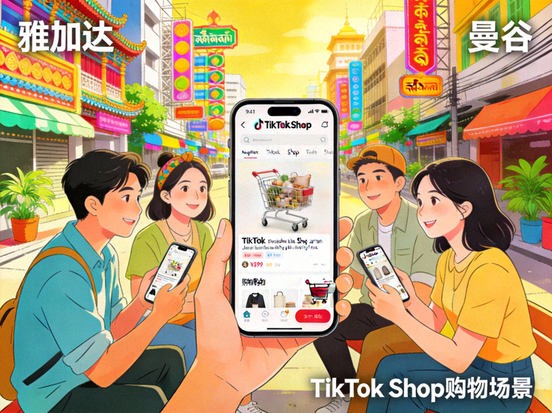 东南亚市场分析配图：展示雅加达、曼谷都市街景与年轻人使用手机在TikTok Shop购物的场景