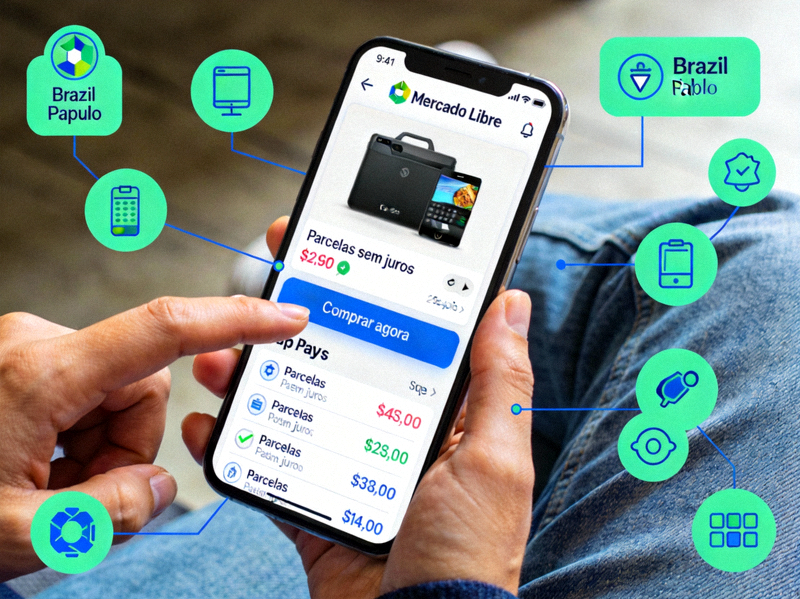 拉美市场分析配图：巴西圣保罗消费者使用Mercado Libre应用购物及采用分期付款的界面示意图
