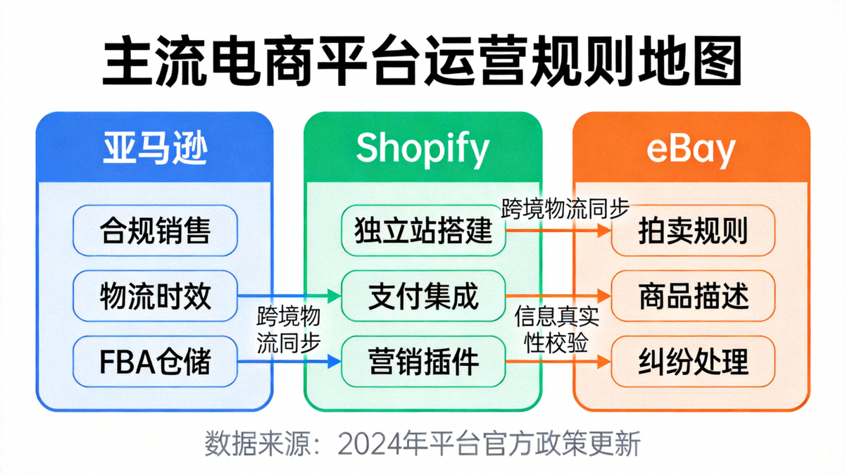 平台运营规则地图可视化图表：展示亚马逊、Shopify、eBay等主流平台核心政策与关联性