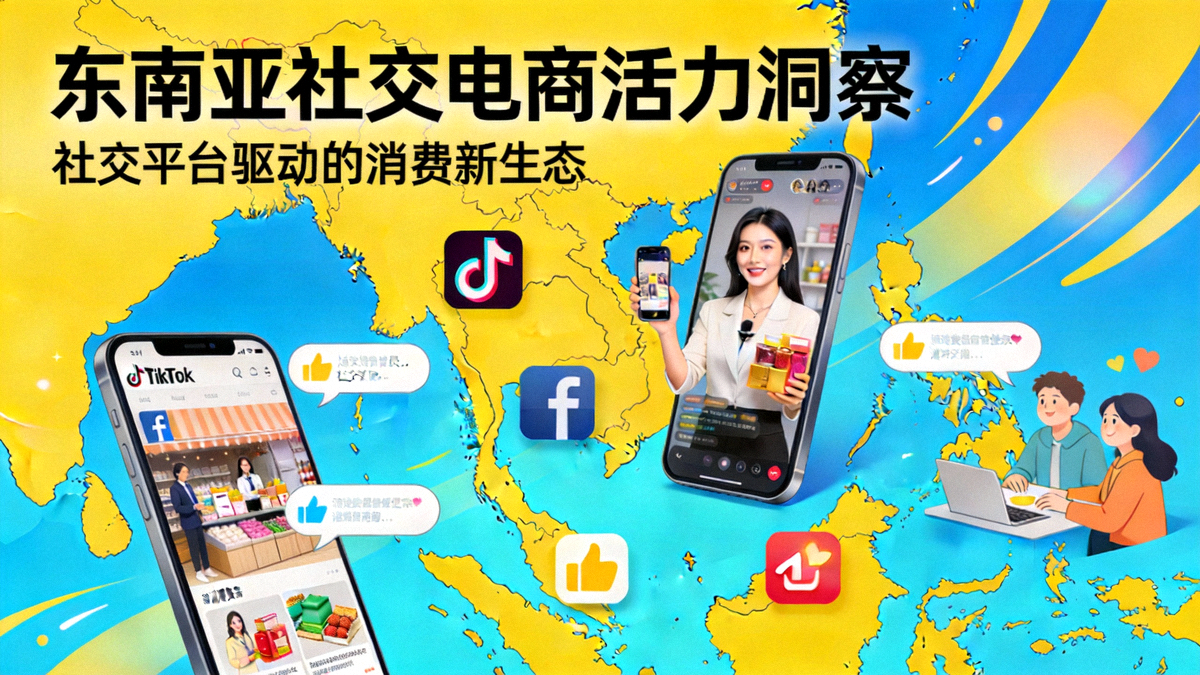 区域市场洞察文章主图：展示东南亚地图上叠加TikTok、Facebook等社交应用图标，以及手机直播购物和消费者互动场景，象征社交电商的活力