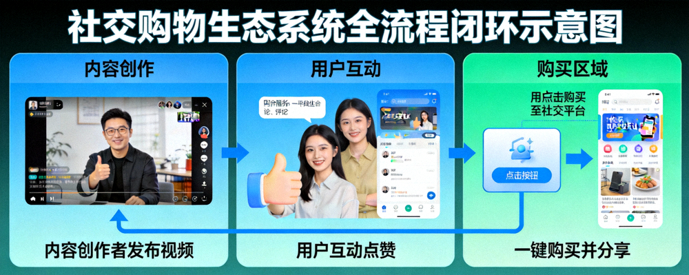 社交购物生态系统示意图：展示从内容创作者发布视频、用户互动点赞、到一键购买并分享的全流程闭环