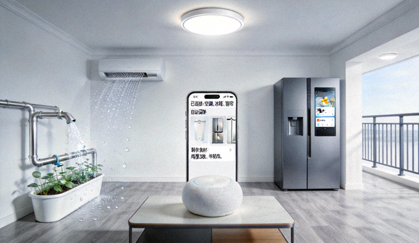 现代简约风格的智能家居场景：包括智能照明、语音助手控制家电、自动浇花系统等