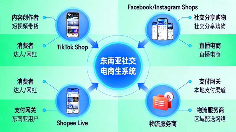 信息图：展示东南亚社交电商生态系统，包括TikTok Shop、Facebook/Instagram Shops、Shopee Live等平台，连接内容创作者、消费者、支付网关和物流服务商