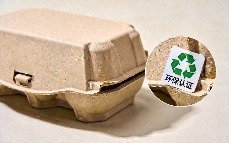 展示使用可回收材料、简约设计的跨境电商产品包装与带有环保认证标签的商品特写