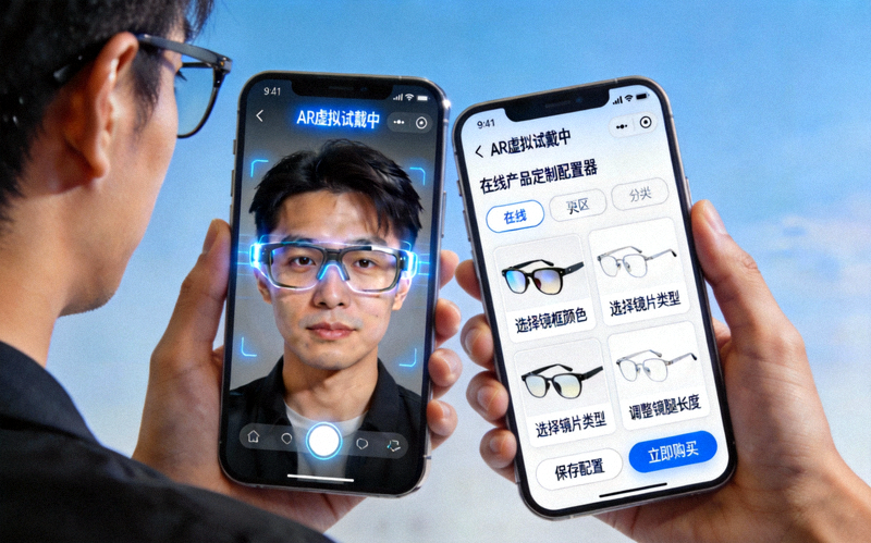 展示消费者使用手机AR功能虚拟试戴眼镜与在线产品定制配置器界面的操作场景
