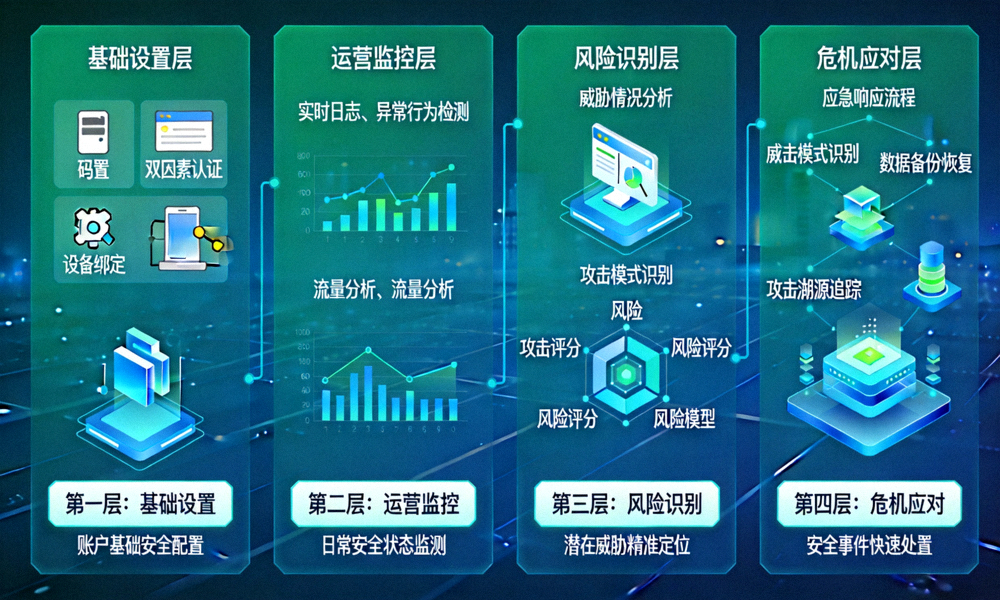 账户安全防护体系全景图：展示从基础设置、运营监控到危机应对的四层防护架构