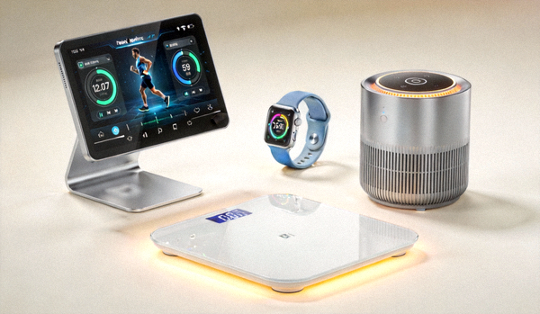 智能健身镜、睡眠追踪器、便携式空气净化器、智能营养秤等健康科技产品集合展示