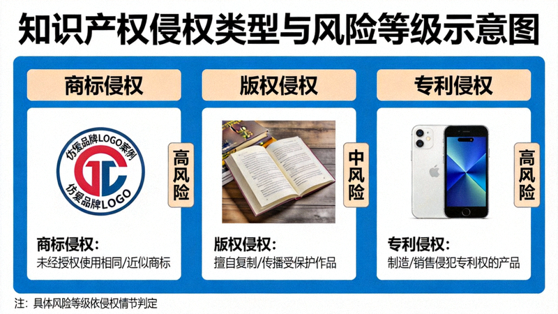 知识产权侵权类型与风险等级示意图：商标、版权、专利侵权案例图解