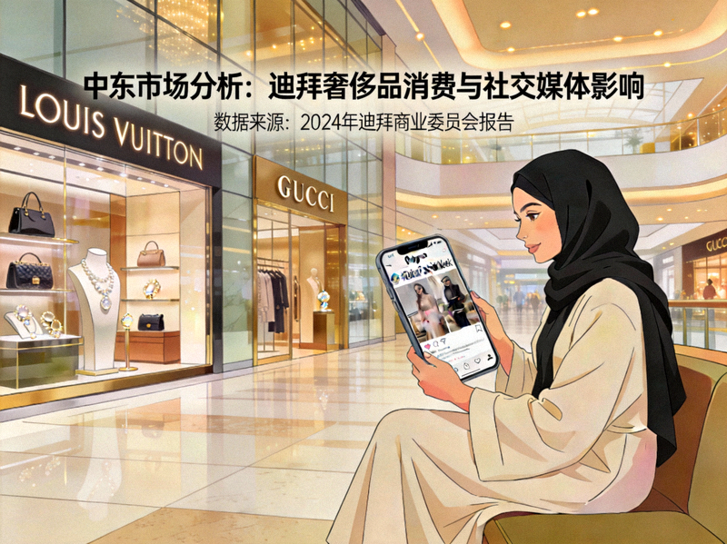 中东市场分析配图：迪拜购物中心奢侈品门店与女性消费者通过社交媒体浏览时尚内容的画面