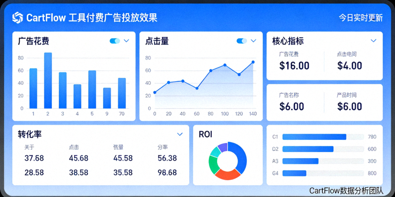 CartFlow工具付费广告投放效果数据仪表盘截图