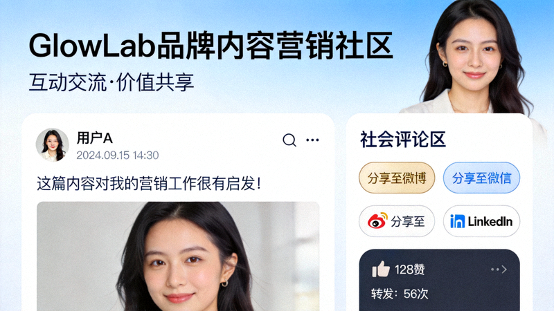 GlowLab品牌内容营销社区互动截图：展示博客评论与社交媒体分享