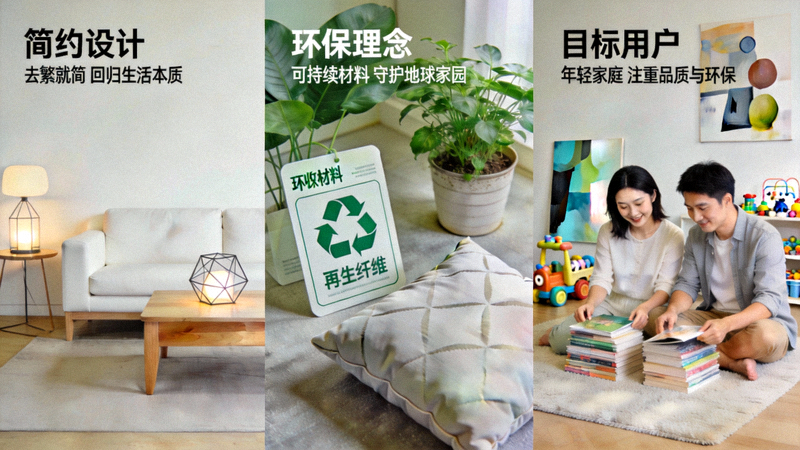 案例：某DTC家居品牌清晰的品牌定位视觉展示，包括简约设计、环保理念与目标用户画像