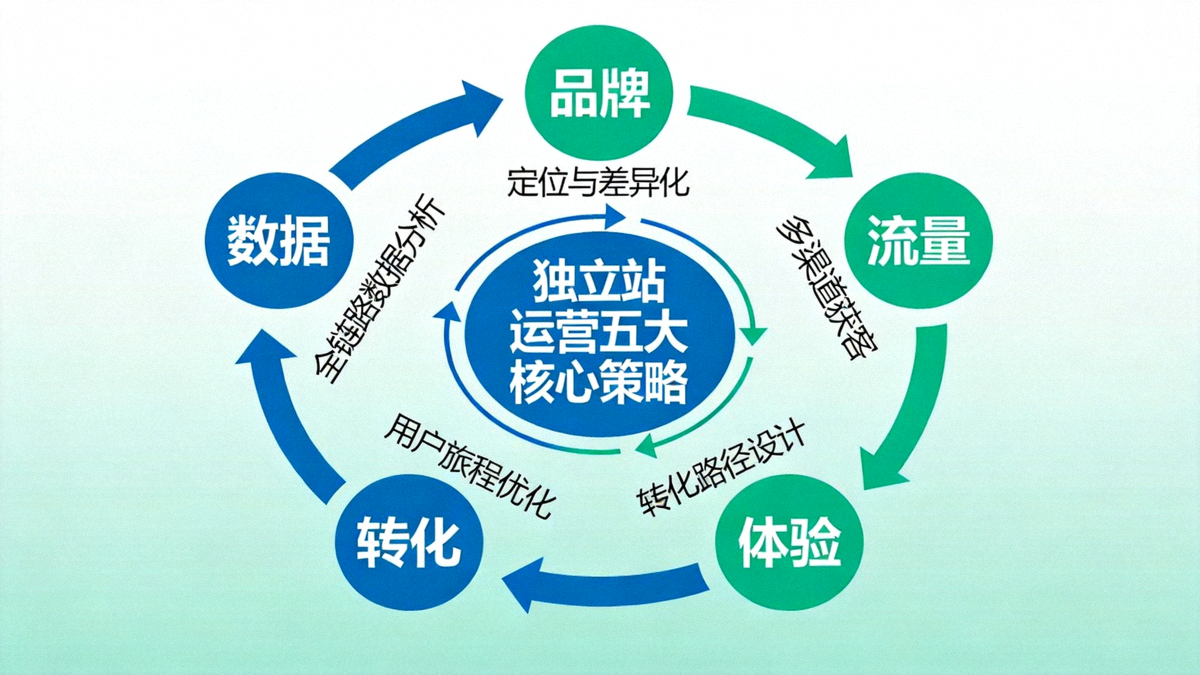 独立站运营五大核心策略总览图：展示品牌、流量、体验、转化、数据五个环节构成的增长飞轮