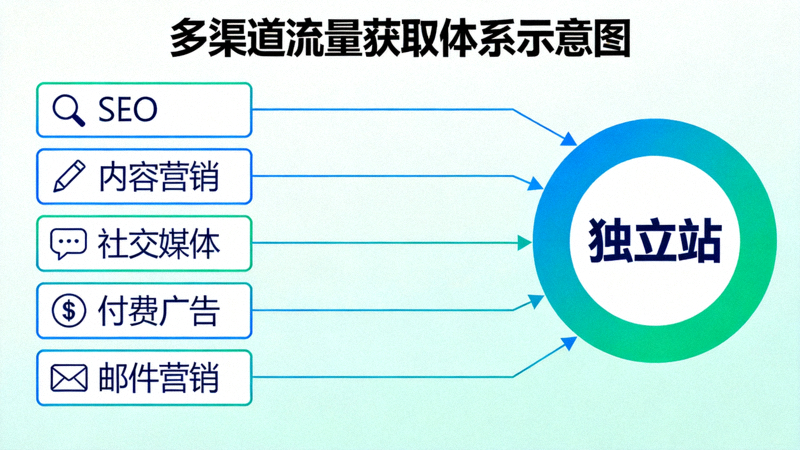 多渠道流量获取体系示意图：展示SEO、内容营销、社交媒体、付费广告、邮件营销等渠道汇聚至独立站