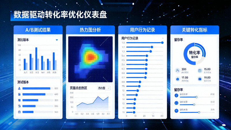 数据驱动转化率优化仪表盘：展示A/B测试结果、热力图、用户行为记录与关键转化指标