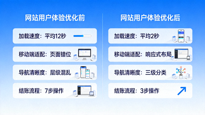 网站用户体验优化前后对比图：包括加载速度、移动端适配、导航清晰度与结账流程简化