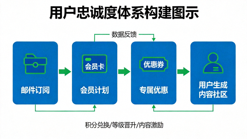 用户忠诚度体系构建图示：包括邮件订阅、会员计划、专属优惠、用户生成内容社区等环节