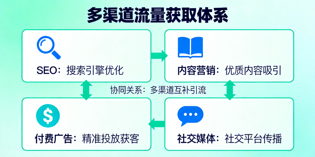 策略二实战案例配图：展示一个多渠道流量获取体系的信息图，包括SEO、内容营销、付费广告和社交媒体图标及其协同关系