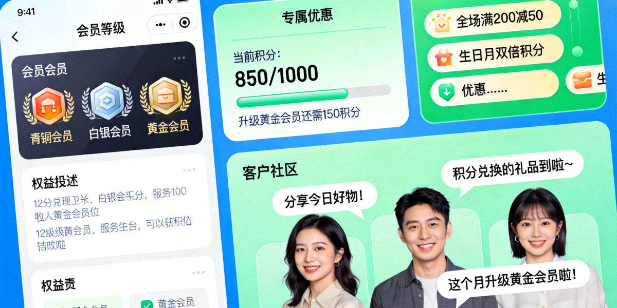 策略四实战案例配图：展示一个品牌忠诚度计划的界面，包括会员等级、积分进度条和专属优惠，以及温馨的客户社区互动场景