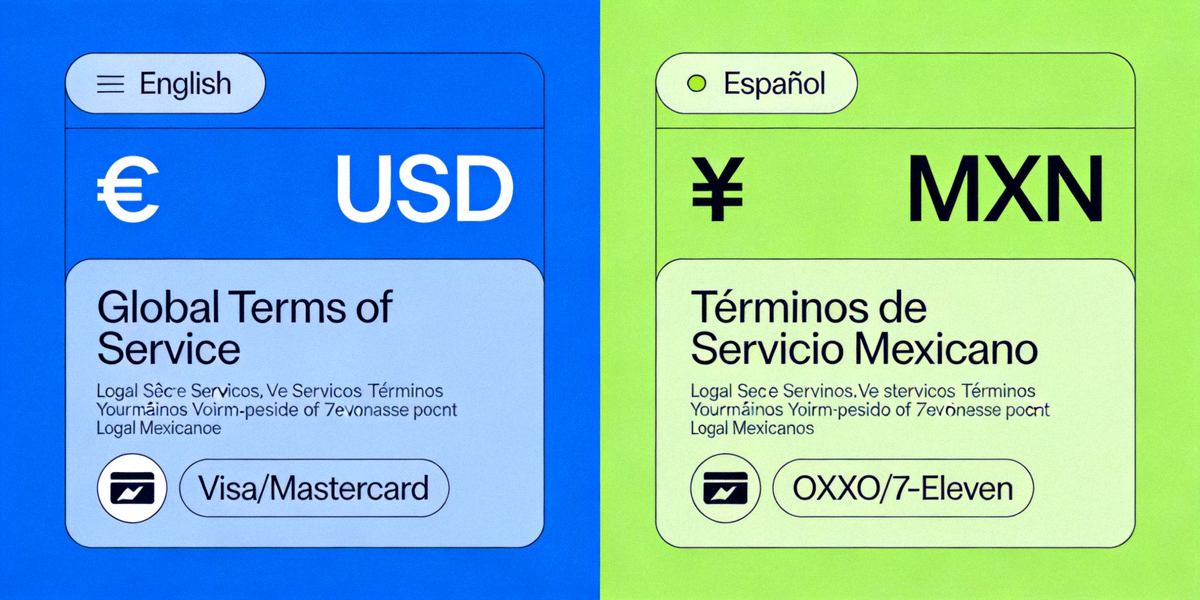 策略五实战案例配图：对比展示全球化网站与本地化适配后的网站界面，突出语言、货币、法律声明和本地支付方式的差异