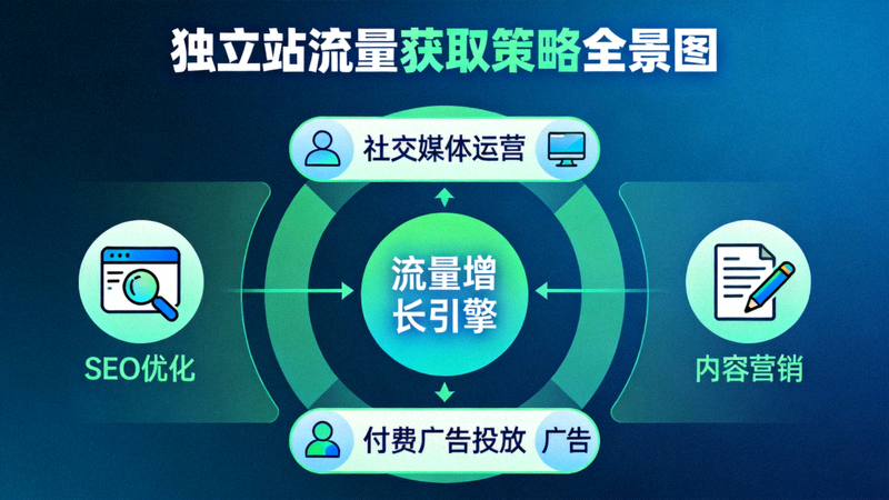 独立站流量获取策略全景图：展示SEO、内容营销、社交媒体与付费广告等多渠道整合模型