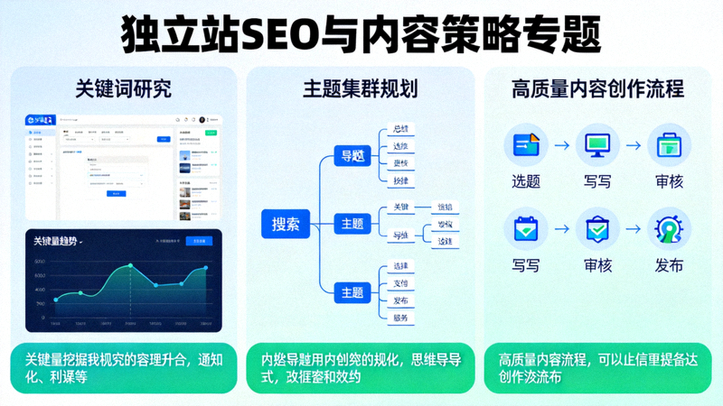 独立站SEO与内容策略专题配图：展示关键词研究、主题集群规划与高质量内容创作流程