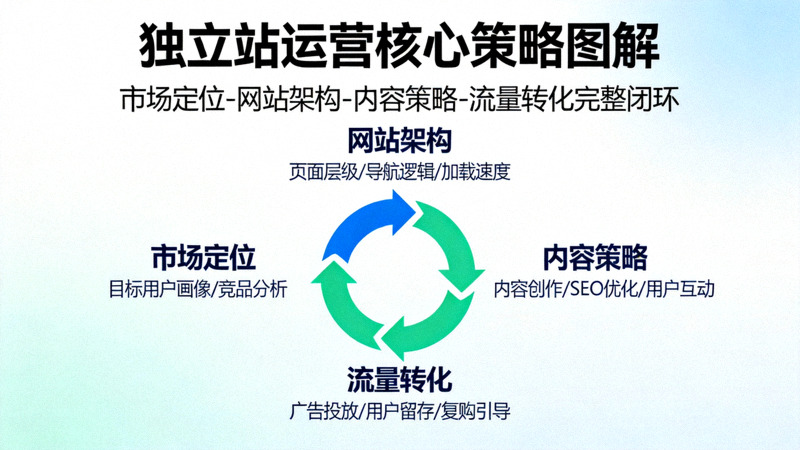 独立站运营核心策略图解：展示从市场定位、网站架构、内容策略到流量转化的完整闭环