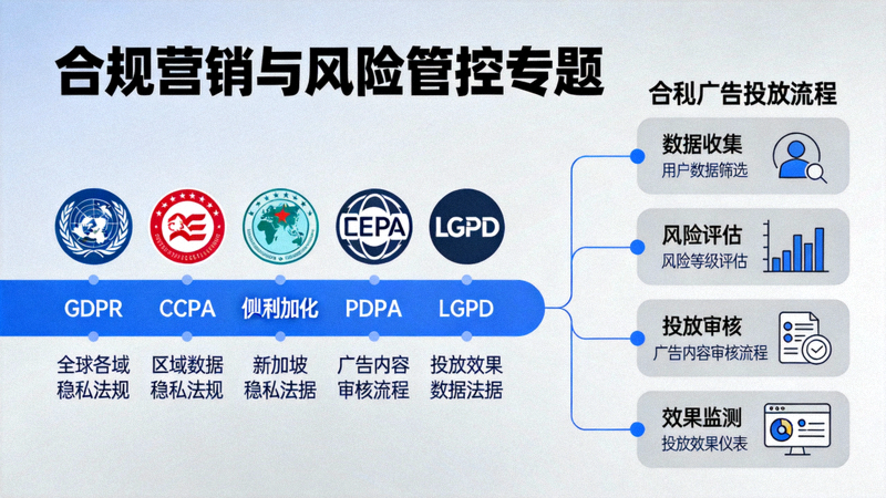 合规营销与风险管控专题配图：展示全球各区域数据隐私法规标志与合规广告投放流程