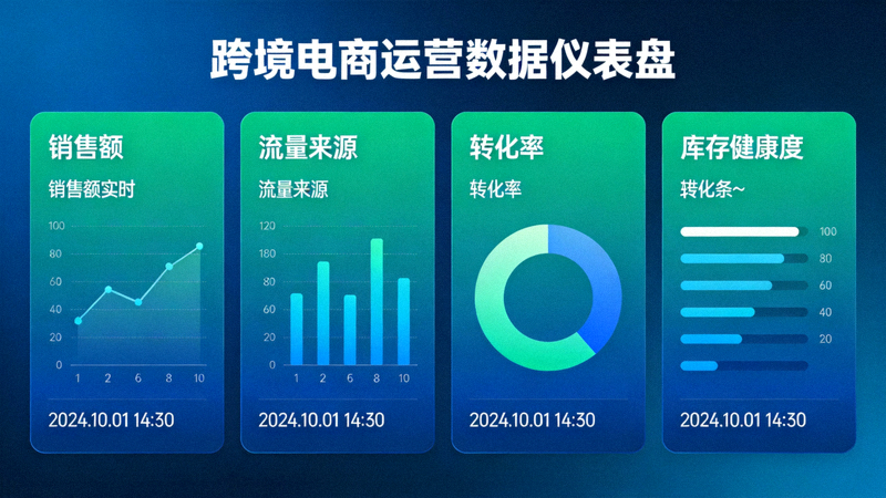 跨境电商平台运营数据仪表盘示例图：展示销售额、流量、转化率、库存健康度等关键指标的实时可视化图表