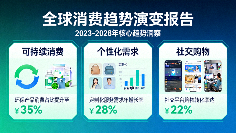 全球消费趋势演变报告信息图：展示可持续消费、个性化需求与社交购物等趋势数据
