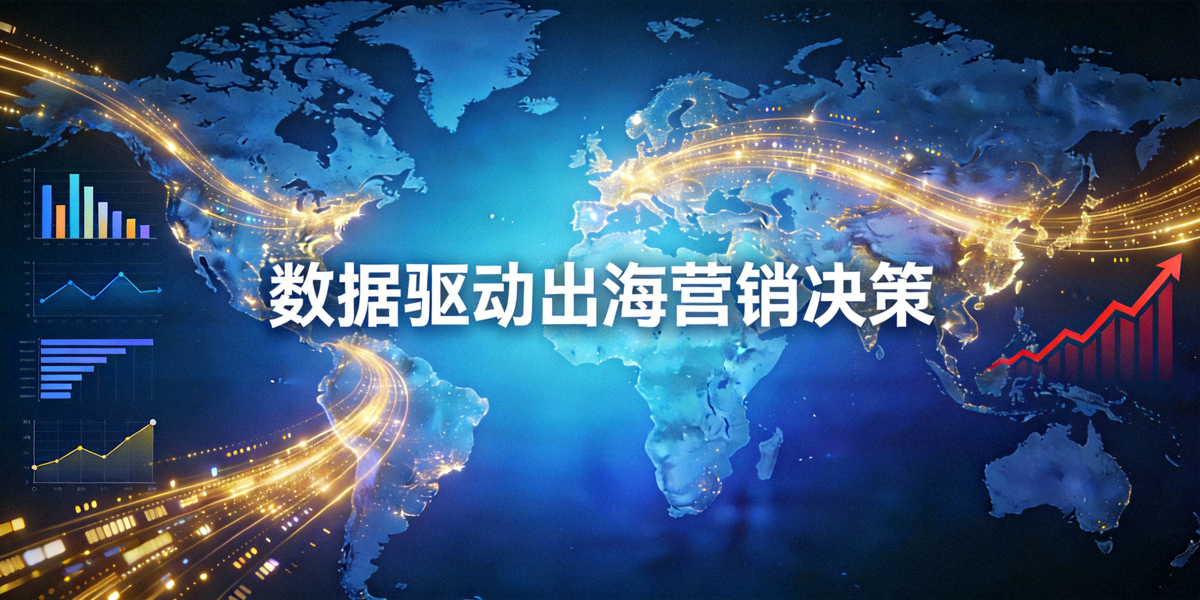 数据驱动出海营销决策主题头图：展示全球地图与交织的数据流、分析图表及上升的增长曲线
