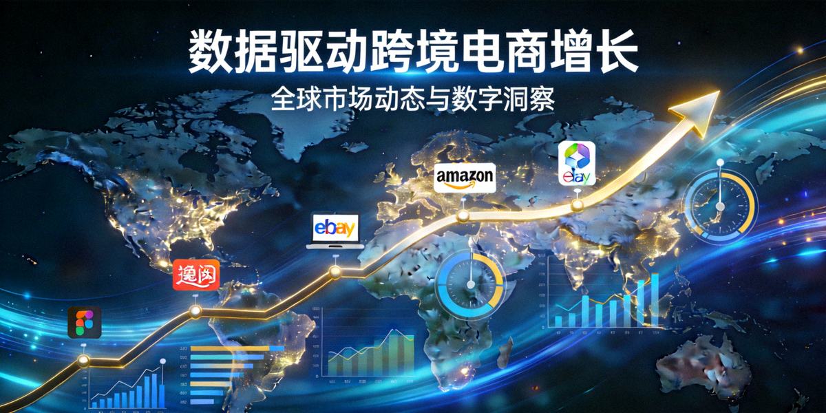 数据驱动跨境电商增长主题图：展示全球地图、上升的增长曲线、数据分析仪表盘与电商平台图标交织的可视化图像