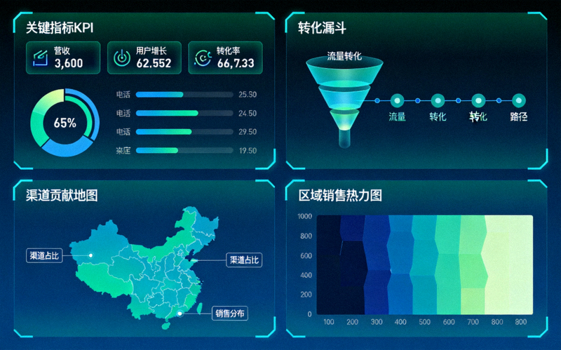 数据驱动营销决策仪表盘视图：包含关键指标KPI、转化漏斗、渠道贡献地图和区域销售热力图的可视化展示