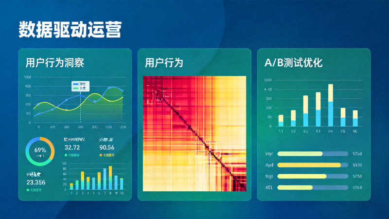 数据驱动运营专题配图：展示数据分析仪表盘、用户行为热图与A/B测试结果可视化