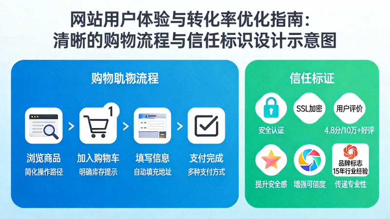 网站用户体验与转化率优化指南：清晰的购物流程与信任标识设计示意图