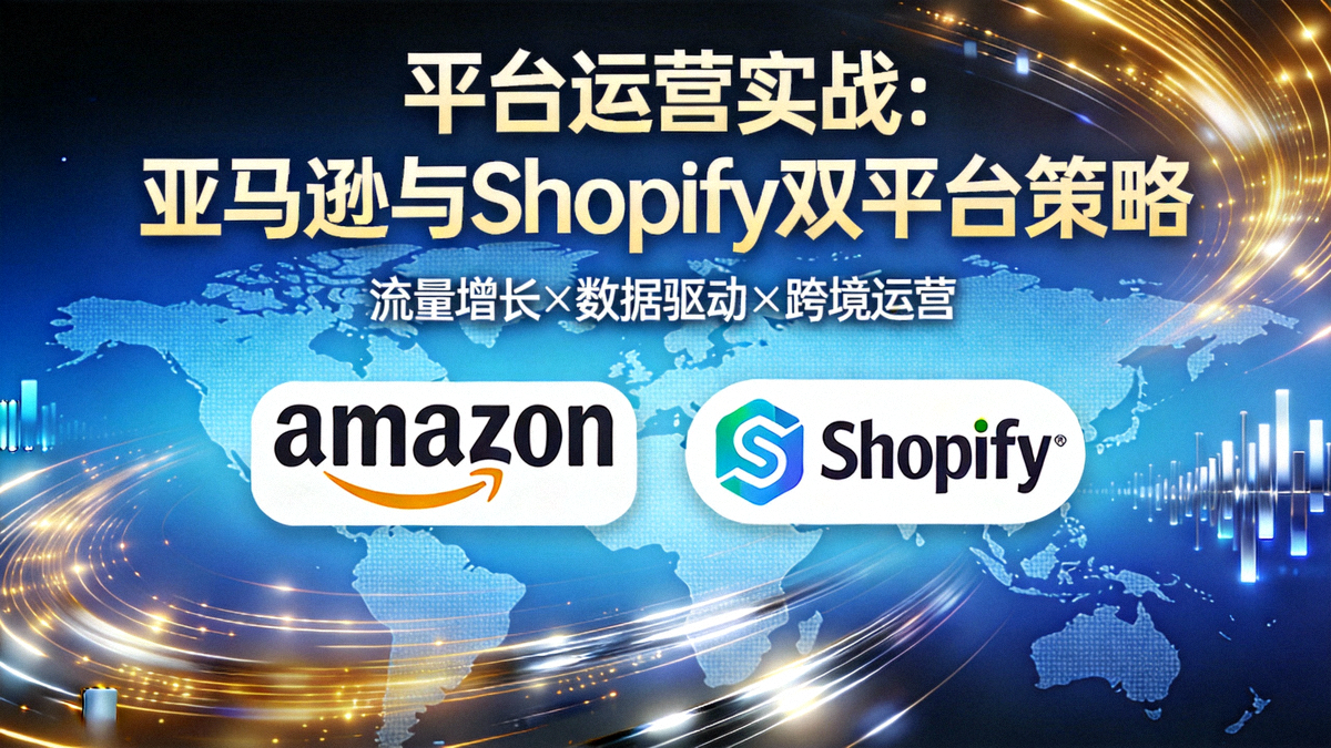 平台运营实战文章主视觉图：亚马逊与Shopify平台Logo并列，背景为全球地图与代表流量和数据流的动态线条