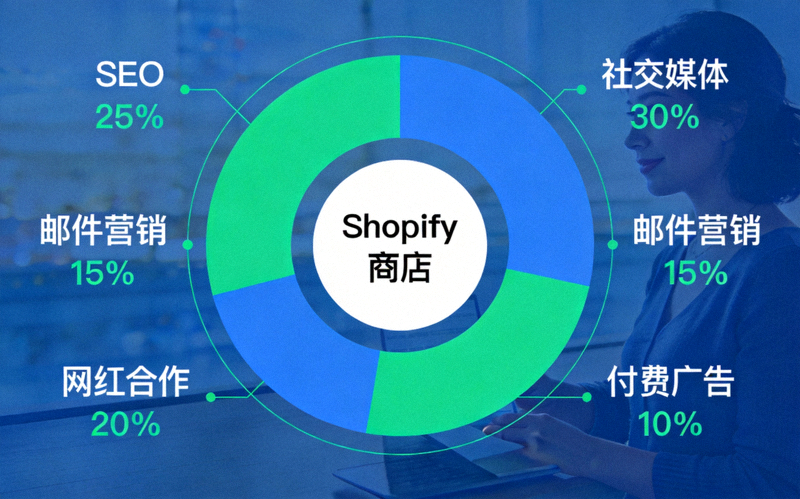 Shopify多渠道流量组合示意图：一个中心为Shopify商店的圆形图，周围分布着SEO、社交媒体、邮件营销、网红合作、付费广告等多个流量板块及其占比