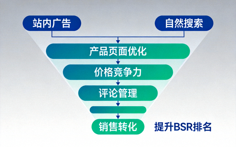 亚马逊流量漏斗模型图：从站内广告和自然搜索开始，经过产品页面优化、价格竞争力、评论管理，最终实现销售转化并提升BSR排名