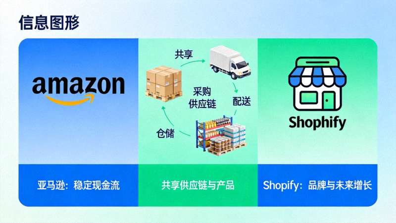 亚马逊与Shopify双轨运营策略图示：左手边是亚马逊Logo代表稳定现金流，右手边是Shopify商店代表品牌与未来增长，中间是共享的供应链与产品