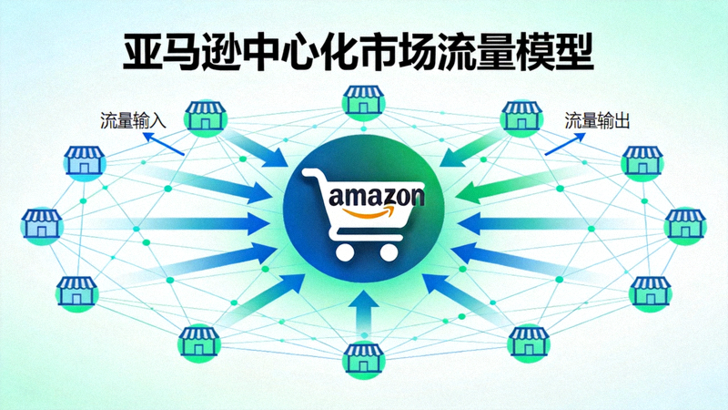 亚马逊中心化市场流量模型示意图：一个巨大的亚马逊购物车图标作为中心，无数消费者箭头指向它，卖家店铺作为小节点依附在周围