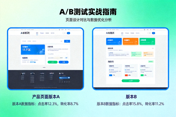 A/B测试实战指南文章配图：展示两个不同版本的产品页面设计对比与数据指标变化