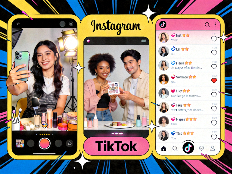 策略二配图：展示社交媒体平台（如Instagram， TikTok）上的内容创作、网红合作与社群互动场景
