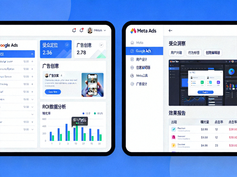 策略三配图：展示Google Ads与Meta Ads广告管理后台界面，突出受众定位、广告创意与ROI数据分析
