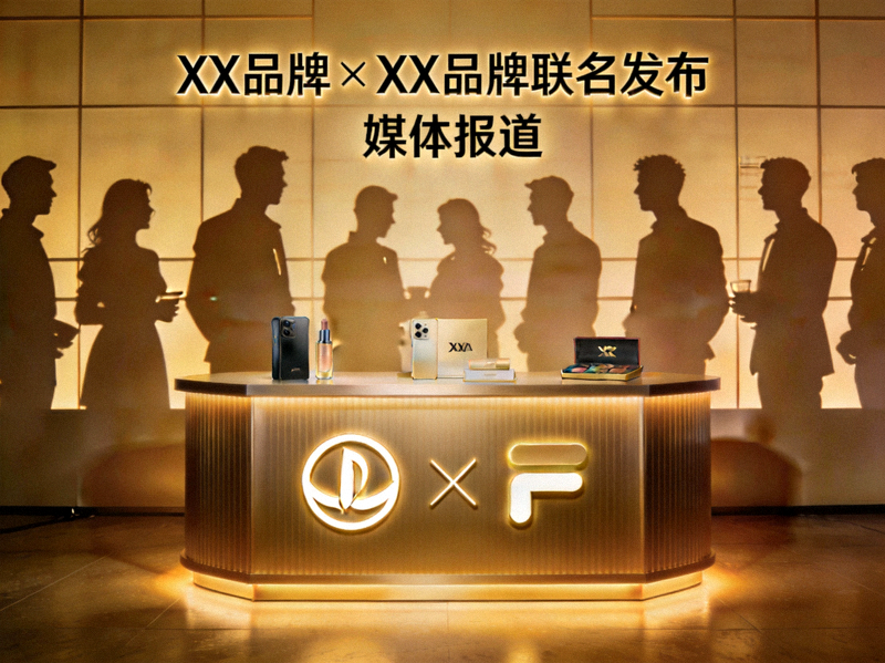 策略五配图：展示品牌联名合作产品发布会与媒体报道剪影墙，象征品牌合作与公关影响力