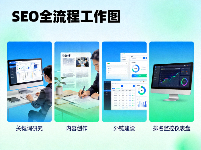 策略一配图：展示SEO全流程工作图，包括关键词研究、内容创作、外链建设与排名监控仪表盘