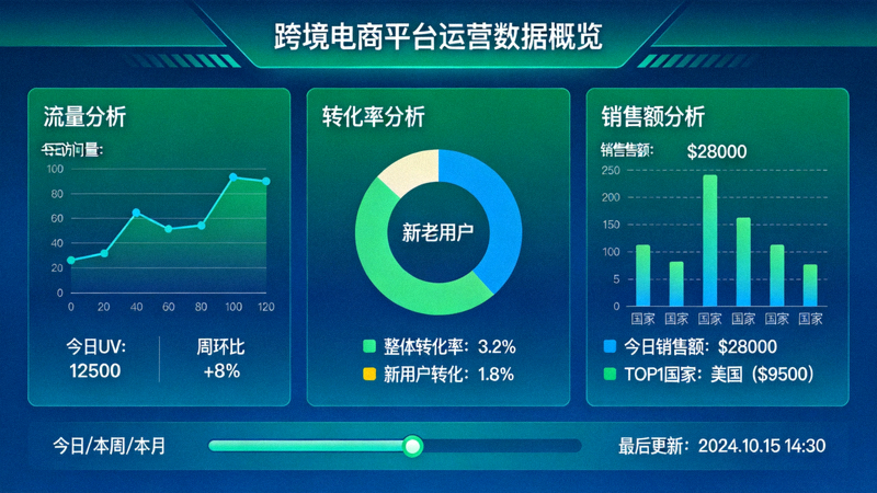 跨境电商平台后台数据分析仪表盘截图示例，展示关键指标如流量、转化率、销售额的可视化图表