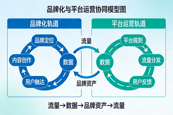 品牌化与平台运营协同模型图：展示流量、数据、品牌资产在双轨道间的循环流动