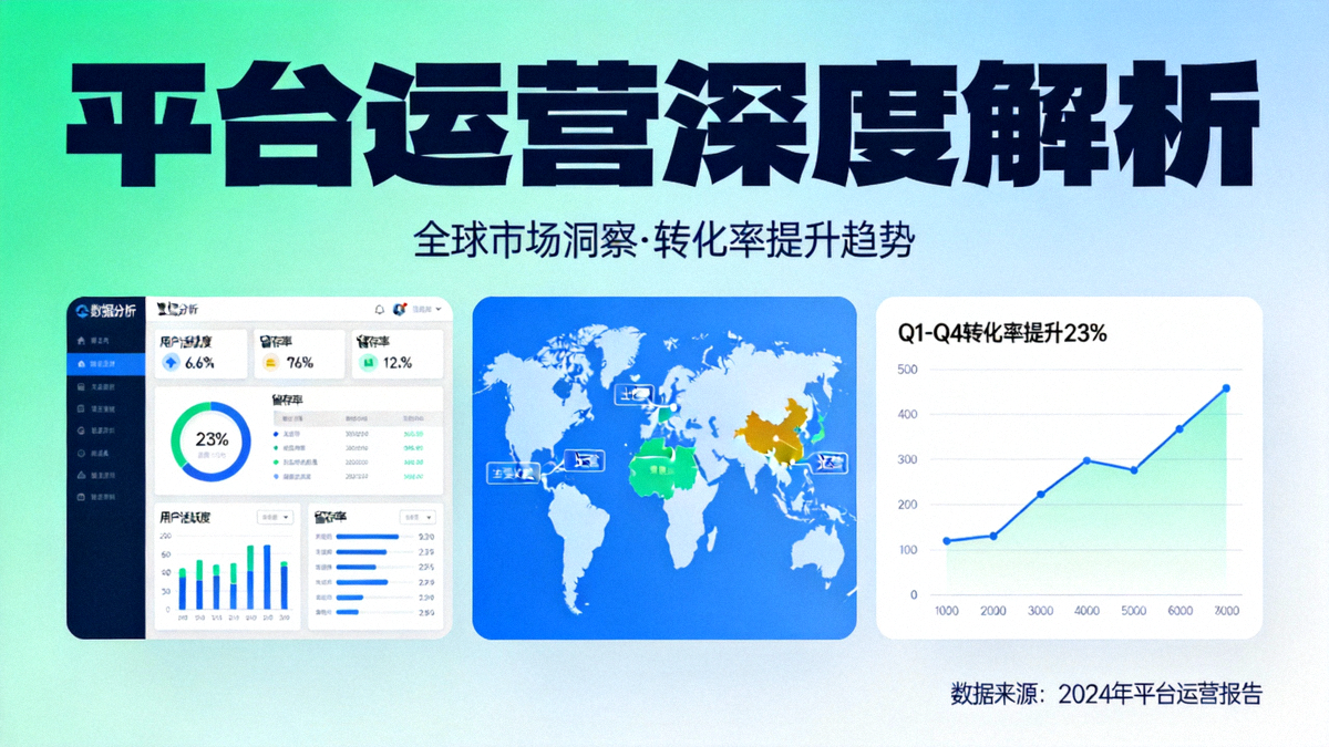 平台运营深度解析文章主图：展示数据分析仪表盘、全球市场地图与上升的转化率曲线相结合的可视化图表