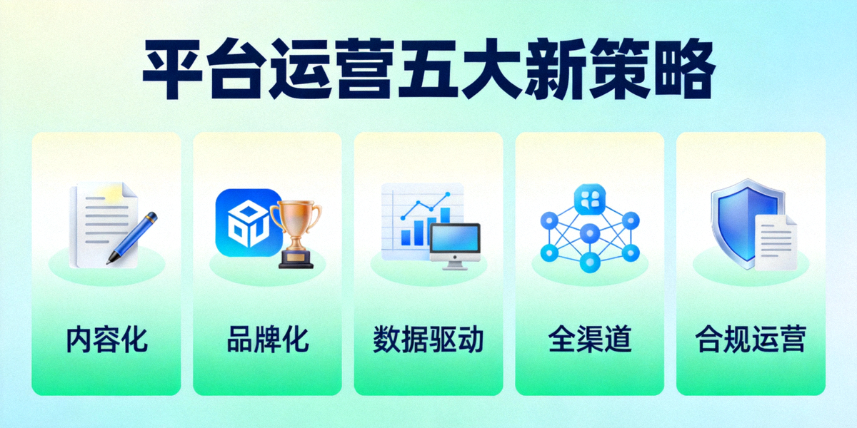 平台运营五大新策略图示：可视化展示内容化、品牌化、数据驱动、全渠道与合规运营策略